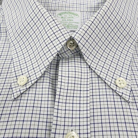 Brooks Brothers Shirt Mens 16 Blue White Check Milano Long Sleeve Button Down - Picture 12 of 15